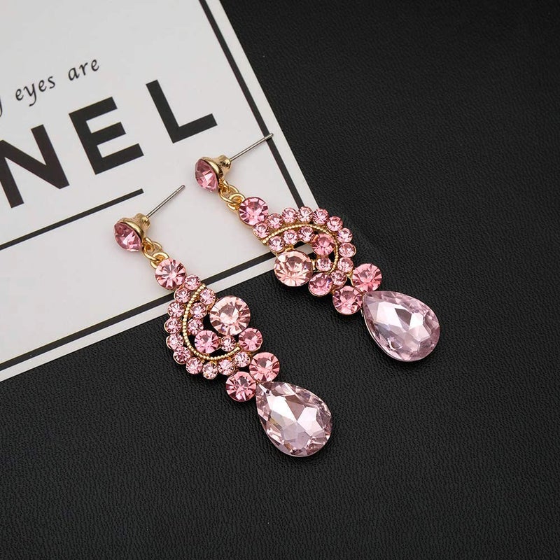 CSY 4 Pcs/Sets Elegant Crystal Necklace Earrings Bracelet Ring Bridal Wedding Costume Jewelry Sets for Brides Women Gifts (Gold Plated-Pink) - Image 4